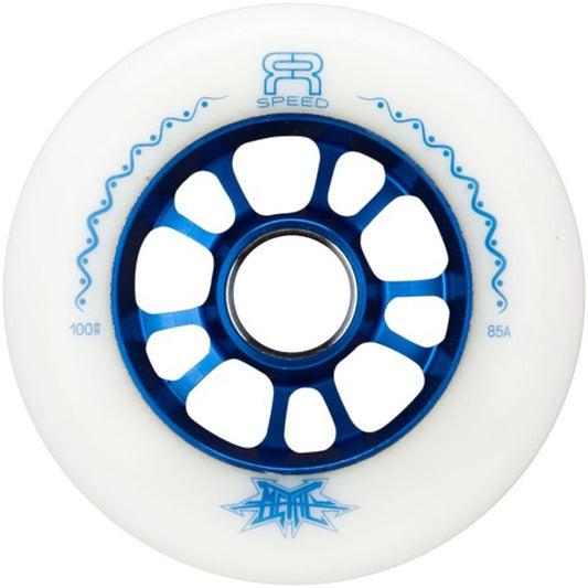 FR Metal White Blue 100mm 85A inline skate wheel, white urethane with a blue metal core