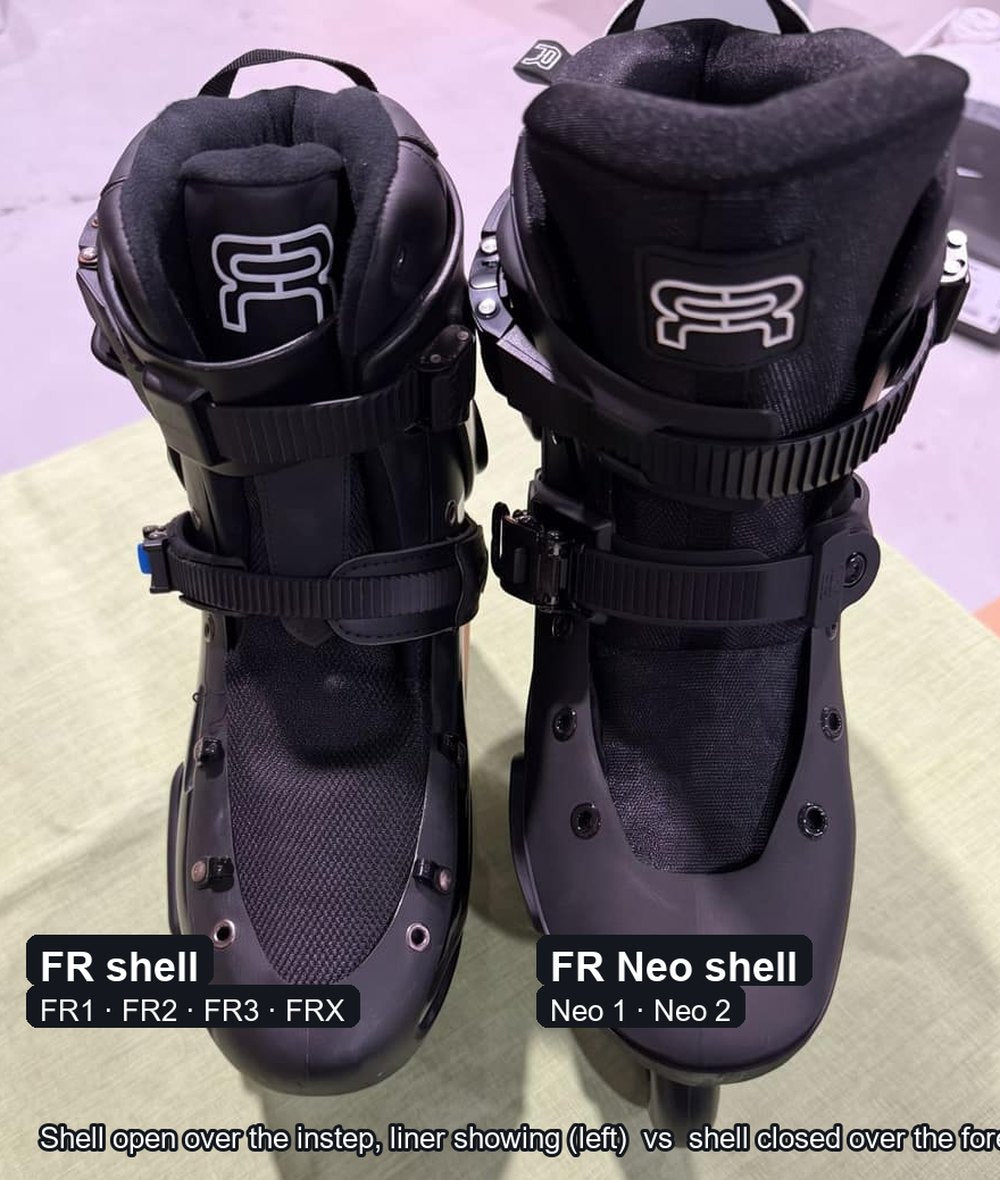 FR shell (FR1, FR2, FR3, FRX) on the left, open over the instep with the liner showing; FR Neo shell on the right, closed over the forefoot