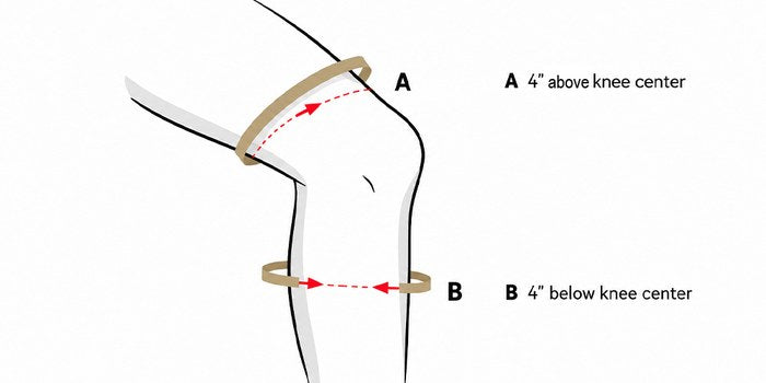 Ennui knee guard — A is 4" above the kneecap (thigh), B is 4" below (calf)